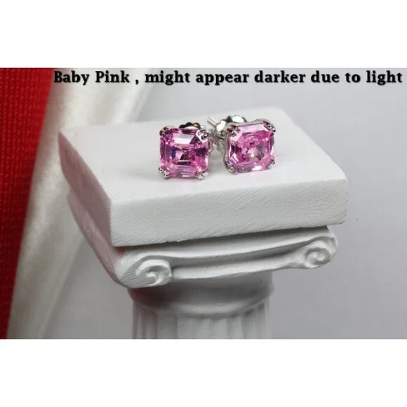 Ladies Baby Pink Step Cut Asscher 925 Silver Nickel Free Screw Back Earrings - Picture 2 of 4